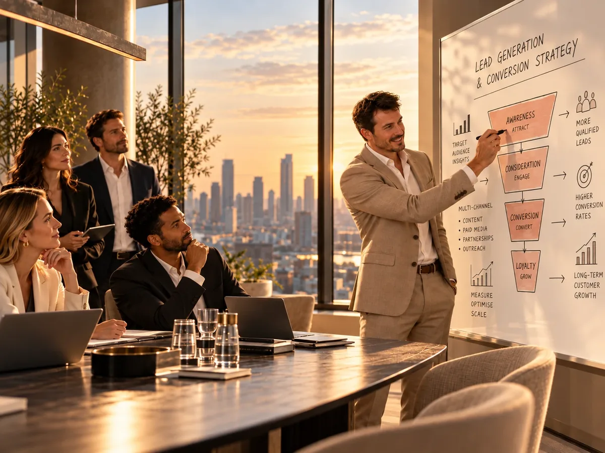 A leadership team in a high-rise boardroom at sunset, mapping a lead generation and conversion funnel on a whiteboard.